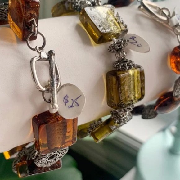 Orange & Gold Handmade Glass & Metal Bracelet Trio with Silver Accents - Picture 3 of 16